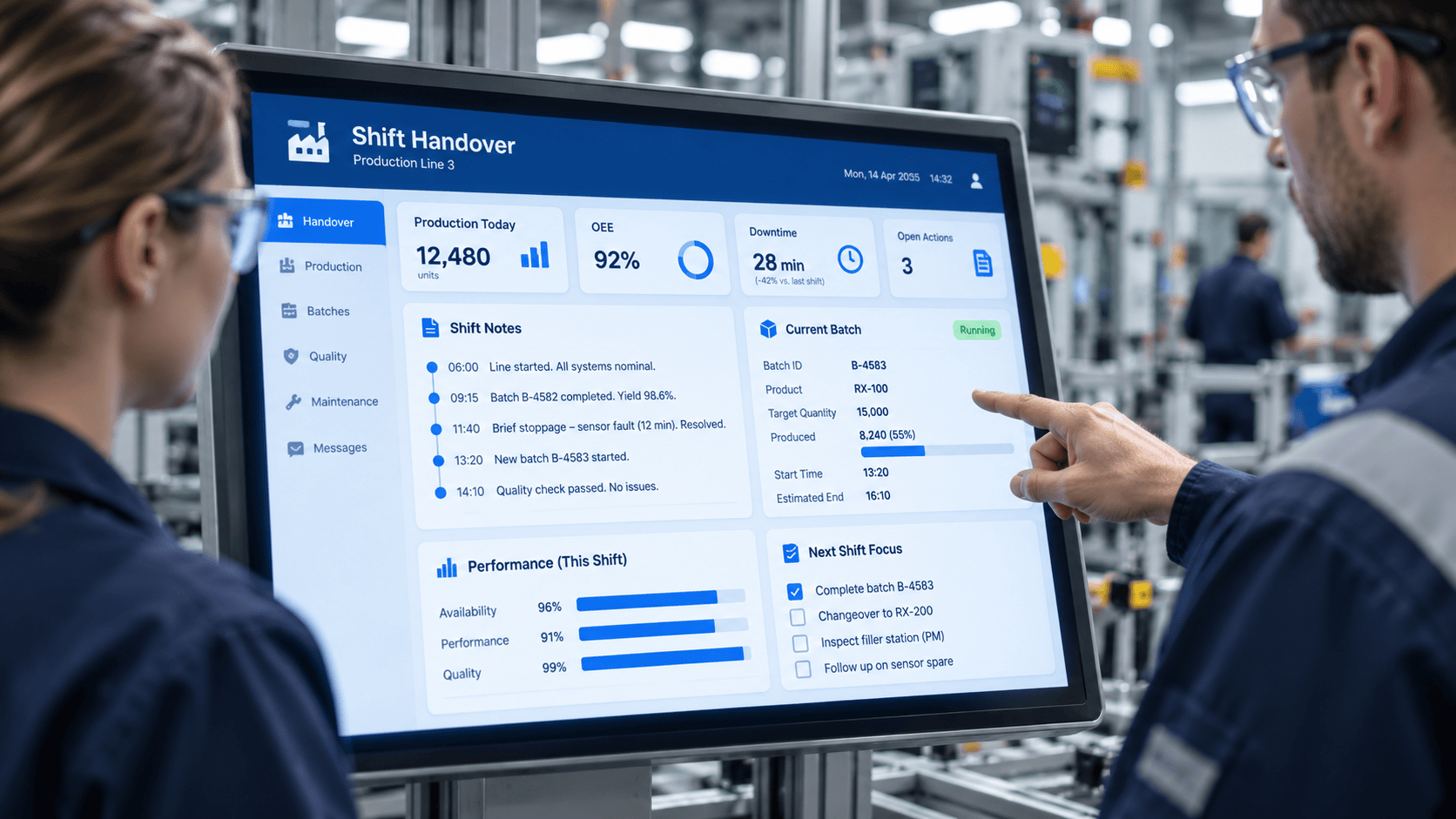 Manufacturing shift handover and production log updates